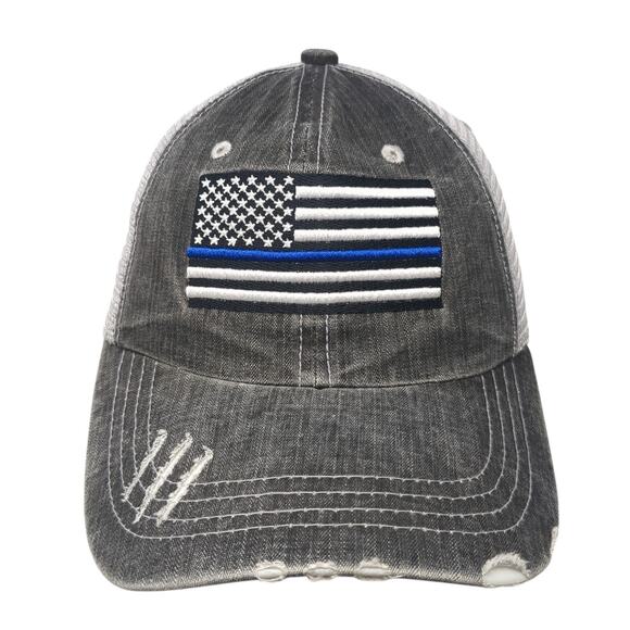 American Flag Strapback Trucker Hat Gray OS Adjustable Distressed Patriotic - Picture 1 of 8